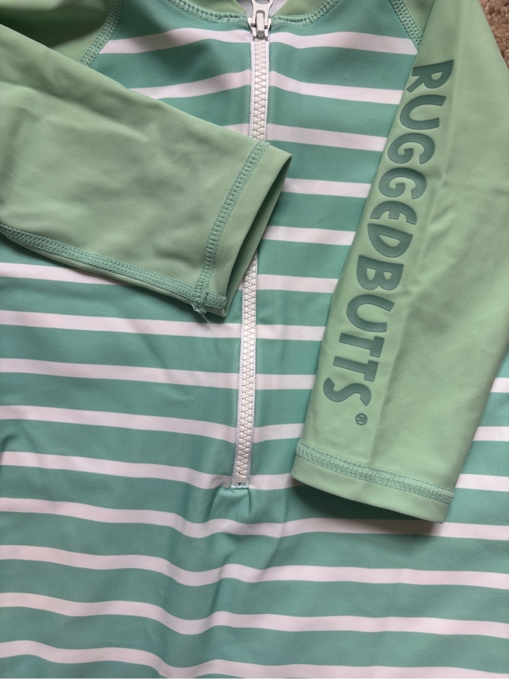 RuggedButts Mint Stripe Kids One-Piece Rash Guard Swimsuit